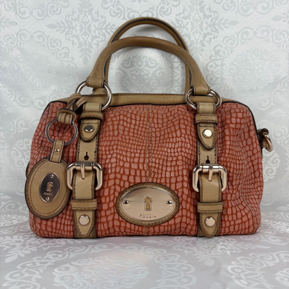 Fossil Maddox Satchel Leather Pink Snakeskin Crocodile Shoulder Bag Rare Color